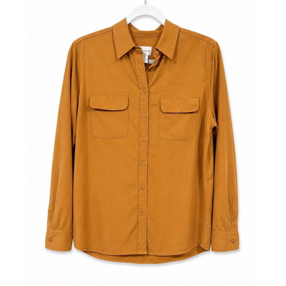 Chico’s Women’s Size 2 Petite Large Mustard Button Up Utility Blouse Pockets